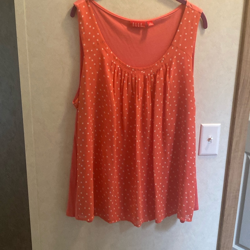 Orange with white polkadot short sleeve tank top by ELLE, size 1X